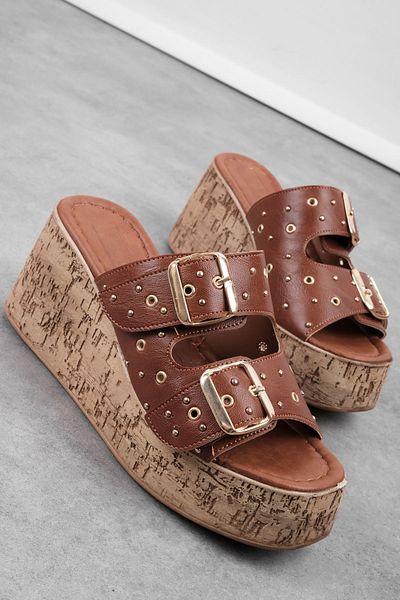 Lal Shoes & Bags Koen Women's Double Belted Buckle Detailed Cork Sole Wedge Heeled Slippers-Tan