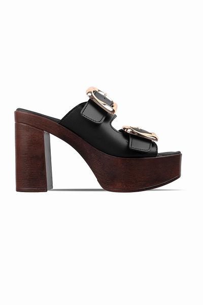 Lal Shoes & Bags Lora Women's Double Belted Big Buckle Detailed Thick Heeled Slippers-Black