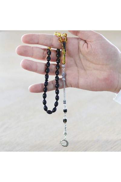 Tesbihane Ayyıldız Non-Tarnish Metal Tassel Barley Cut Filtered Yellow Black Fire Amber Prayer Beads