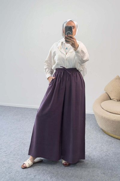 Hatun Atila Casual Palazzo Modal Trousers with Elastic Waist 5221 - Plum