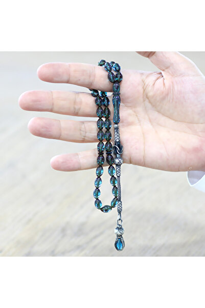 Tesbihane 1000 Sterling Silver Kazaz Tasseled Barley Cut Turquoise Fire Amber Rosary