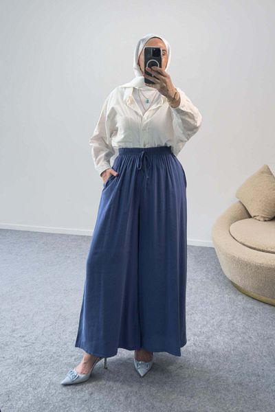 Hatun Atila Casual Palazzo Modal Trousers with Elastic Waist 5221 - Indigo