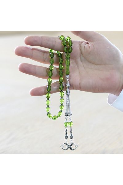 Tesbihane Non-Tarnish Metal Crescent Star Tasseled Barley Cut Water Green Fire Amber Prayer Beads