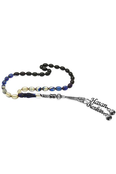 Tesbihane 1000 Sterling Silver Double Kazaz Tasseled Barley Cut Name Written Blue Fire Amber Prayer Beads