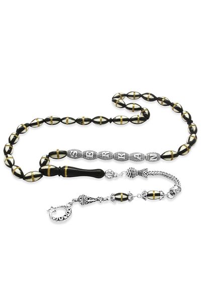 Tesbihane Non-Tarnish Metal Tasseled Brass Spiral Barley Cut Silver Name Written White Enamel Filled Skittle Prayer Beads