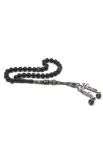 Tesbihane 1000 Sterling Silver Kazaz Tasseled Sphere Cut Name Written Erzurum Oltu Stone Prayer Beads