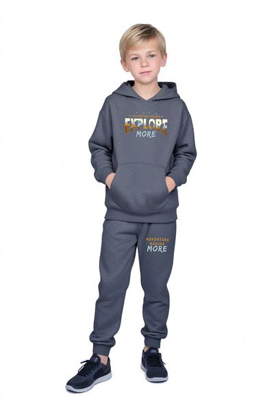 FYK COLLECTİON 3-Piece Boy's Kangaroo Pocket Hooded Printed Tracksuit Set