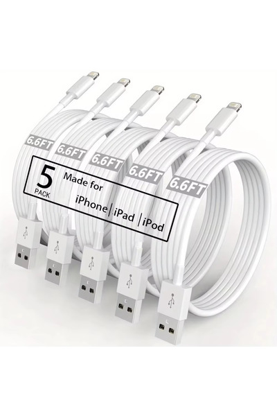 Choice كابل شحن USB A إلى Lightning بطول 2 متر، 5 قطع، أبيض، 2 متر، 6.6 قدم، ...