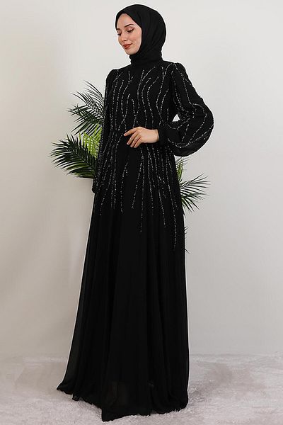GİYZAMİLA Embroidered Chiffon Dress Black