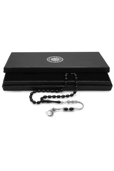 Tesbihane Ayyıldız Non-Tarnish Metal Tasseled Barley Cut Black Clamping Amber Prayer Beads