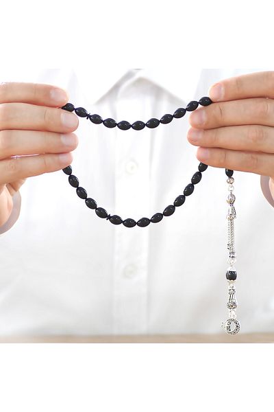 Tesbihane Non-Tarnish Metal Crescent Star Tasseled Barley Cut Black Clamping Amber Prayer Beads