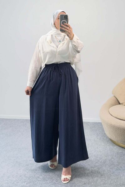 Hatun Atila Casual Palazzo Modal Trousers with Elastic Waist 5221 - Navy Blue