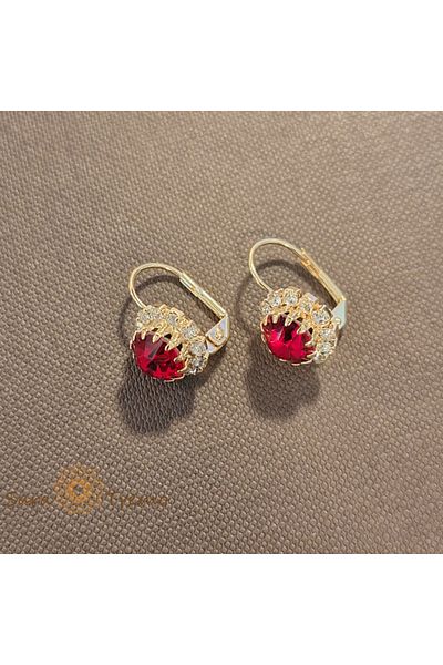 saratremo Classic Gold-Plated Earrings – Large Flower With Red Zirconia Crystal