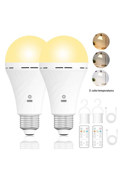 Choice 2PCS USB-C Rechargeable Emergency Bulb with E27 Socket, Tri-Color Temperature (3000K-6000K), Remote