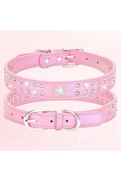 Choice S pink CP615--durable pu pet dog collar,shiny rhinestone decoration collar for small to medium dogs.