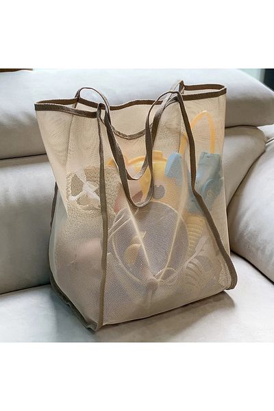 Choice Khaki Mesh Beach Bag, Cosmetic Pouch Large Beach Tote with Zipper Pocket for Family Pool Bag for To