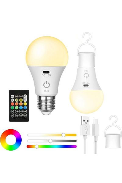 DUTRIEUX 2 PCS Rechargeable Light Bulb with Remote Control Dim & RGB, Timer, E27 Base,Backup Emergency Light
