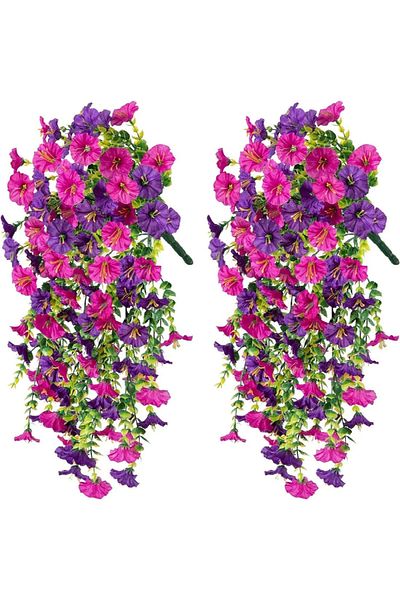 Choice Reddish purple-2PCS Artificial Hanging Flowers Plants Faux Silk Purple Morning Glory Long Vines UV R