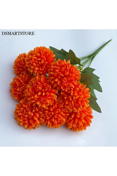 Choice Deep Orange 9 Heads Artificial Flowers Ball chrysanthemum Hydrangea Home decor Green Plant Bouquet B