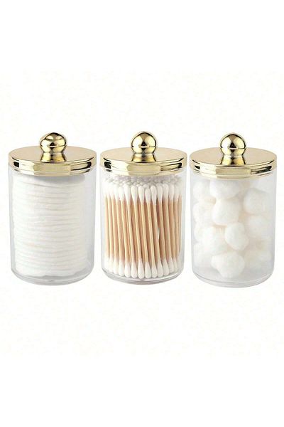 Choice gold 3pcs Cotton Swab Ball Pad Holder, Plastic Organizer with Lid, 10 oz Cotton Swab Apothecary Jar,