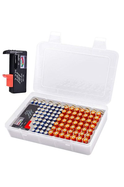 Choice Clear Battery Storage Organizer Box with Battery Tester, Garage Batteries Caddy Case Holder Containe