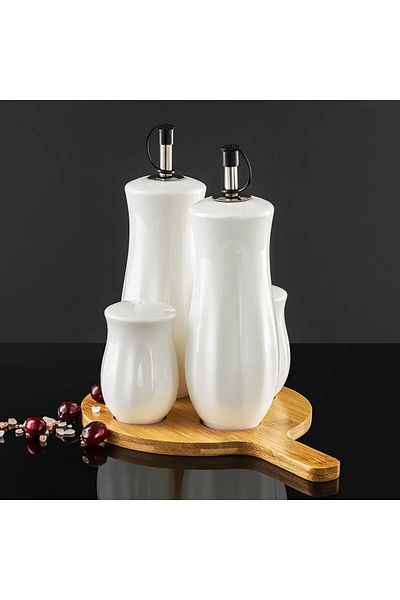 Ambition Spice Container Set, Round Tray With Handle, 5 Pieces, Matt White,