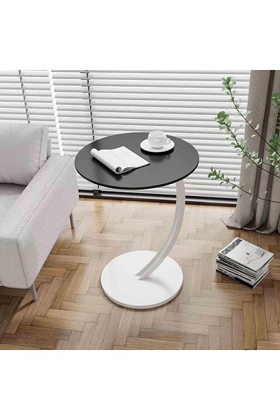 rexa Modern Round Wood & Black Metal Side Table - Curved Base Accent Table