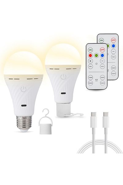 Choice 6-10 واط، قطعتان من مصابيح الإضاءة اللاسلكية القابلة لإعادة الشحن بمنفذ USB E27 مع جهاز تحكم عن بعد، تعمل ببطارية 2200 مللي أمبير في الساعة