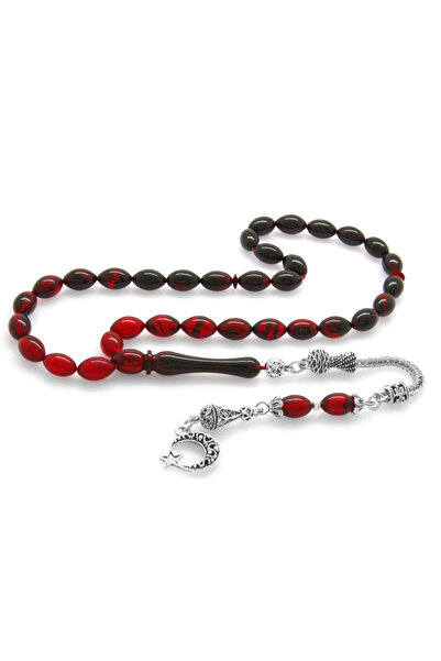 Tesbihane Ayyıldız Non-Tarnish Metal Tassel Barley Cut Filtered Red Black Fire Amber Prayer Beads