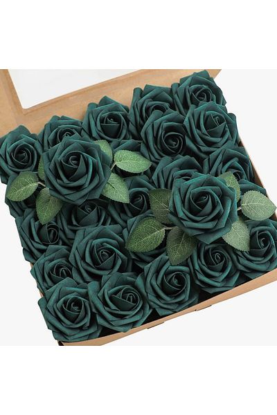 Choice Dark Teal Artificial Flowers 25pcs Real Looking Dark Teal Foam Fake Roses with Stems for DIY Wedding