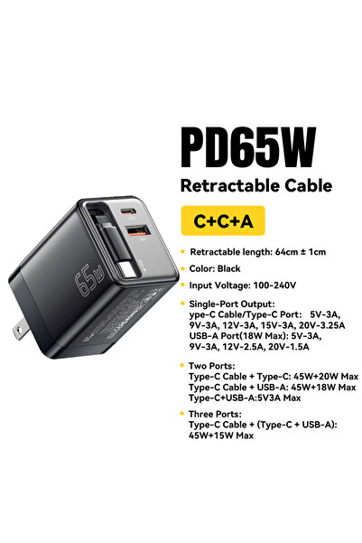 essager شاحن أسود أمريكي أسود 65 واط GaN مع كابل قابل للسحب PD شحن سريع لأجهز...