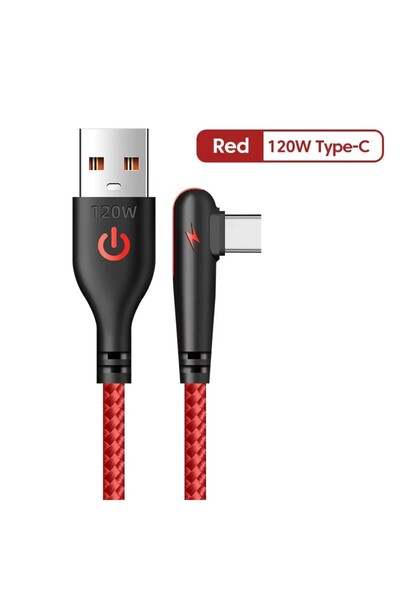Choice1 كابل USB إلى Type-C بطول 2 متر، أحمر، بقدرة 120 واط، بزاوية 90 درجة، ...