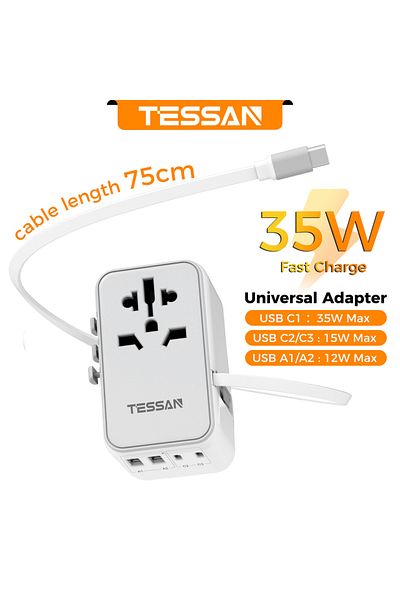 Choice قابس عالمي 35 وات 2U2C كابل USB C محول سفر عالمي 35 وات من TESSAN مع 2 USB 2 Type C مدمجين