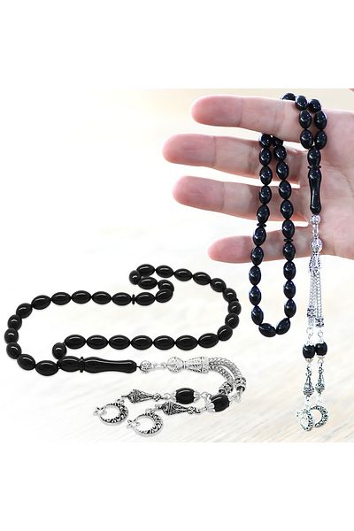 Tesbihane Non-Tarnish Metal Crescent Star Tasseled Barley Cut Black Clamping Amber Prayer Beads