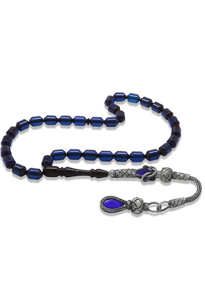 Tesbihane 1000 Sterling Silver Kazaz Tasseled Tip Capsule Cut Dark Navy Blue Crimped Amber Prayer Beads