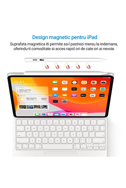 WowStep Stylus iPad Pen, Tablete Apple 2018-2024, 10 Capete, Palm Rejection, Atasare Magnetica, Alb