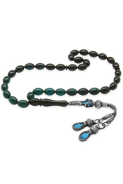 Tesbihane 1000 Sterling Silver Double Kazaz Tasseled Barley Cut Filtrated Turquoise Black Fire Amber Prayer Beads