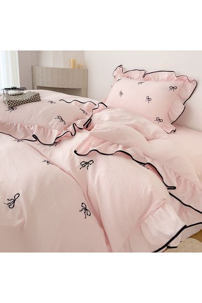 Choice 220x240cm3pcs pink 3pcs bow embroidery Bedding set ruffles Duvet Cover Set (1*Duvet Cover + 2*Pillow