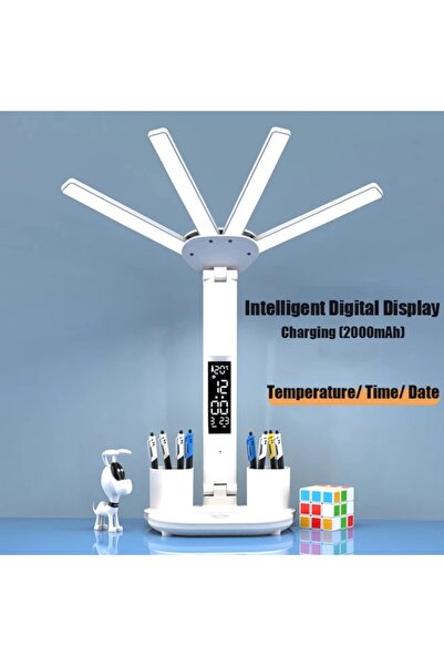 Choice ساعة شحن متعددة الوظائف 3 ألوان LED مصباح طاولة رباعي الرؤوس قابل للطي مع مروحة ساعة مصباح مكتب USB