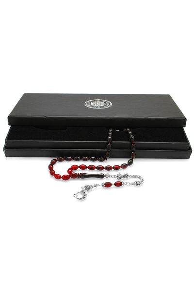 Tesbihane Ayyıldız Non-Tarnish Metal Tassel Barley Cut Filtered Red Black Fire Amber Prayer Beads