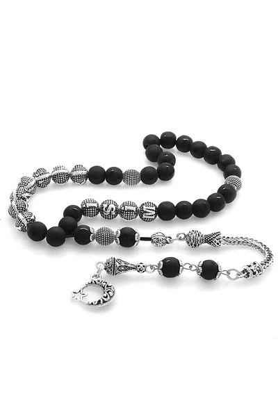 Tesbihane Non-Tarnish Metal Tassel Sphere Cut Name Written Onyx Natural Stone Prayer Beads with Crescent and Star Pattern