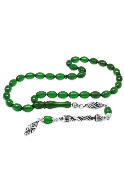 Tesbihane Non-Tarnish Metal Rope Tasseled Barley Cut Green Fire Amber Prayer Beads