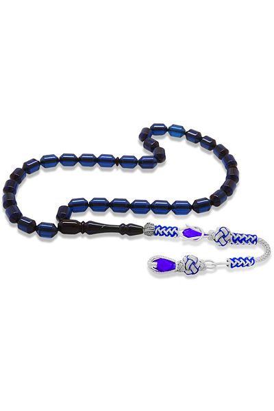 Tesbihane Copper Kazaz Tasseled Tip Capsule Cut Dark Navy Blue Clamping Amber Prayer Beads