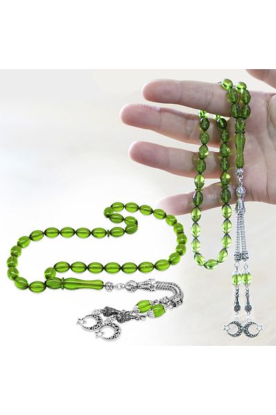Tesbihane Non-Tarnish Metal Crescent Star Tasseled Barley Cut Water Green Fire Amber Prayer Beads