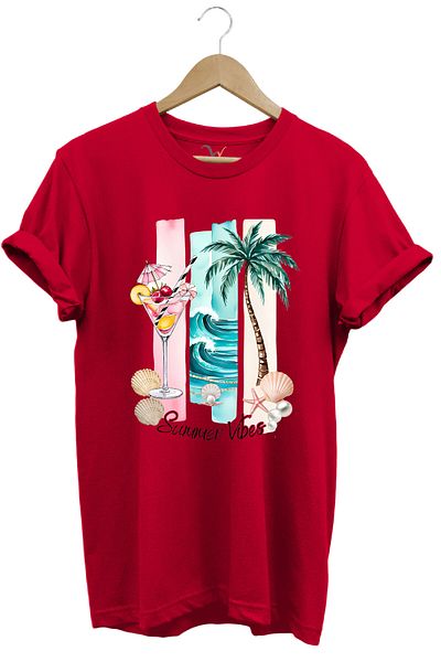 WİDİ Summer Vibes Summer Themed Cocktail, Palm and Sea Pattern 100% Cotton Regular Fit T-Shirt