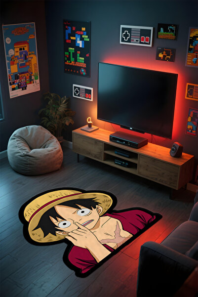 Alpacarpet Özel Kesimli Desenli Anime & Gamer Halısı Kaymaz Taban Makinede Yıkanabilir Genç Odası Halısı