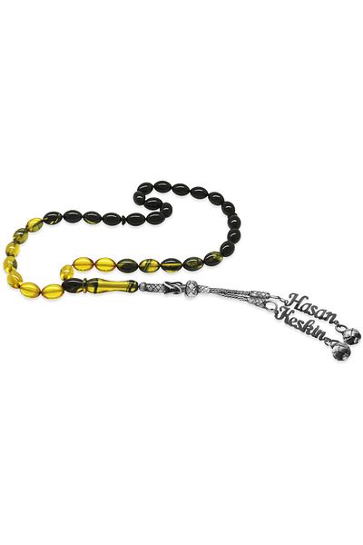 Tesbihane 1000 Sterling Silver Double Kazaz Tasseled Barley Cut Name Written Filtered Yellow Black Fire Amber Prayer Beads