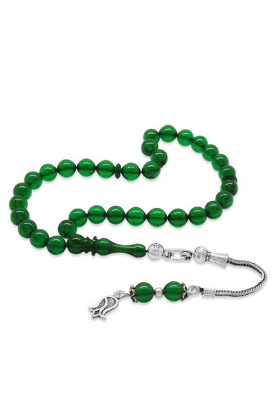 Tesbihane Ασημένιο 925 με φούντα κομμένο σε σχήμα σφαίρας, μήκους καρπού, πράσινο φωτιά, κεχριμπάρι, ροζάριο