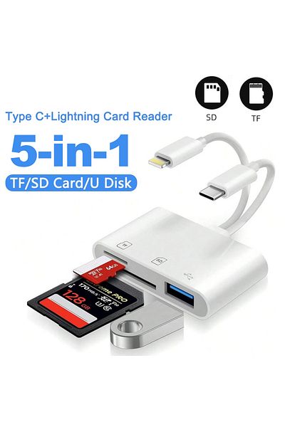 Choice White 5-in-1 Card Reader Lightning /Type C to USB 3.0/SD/TF Card Adapter, Memory Card Reader for iPh