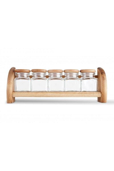 PRACTIC Set of 5 spice containers on wooden stand, President
